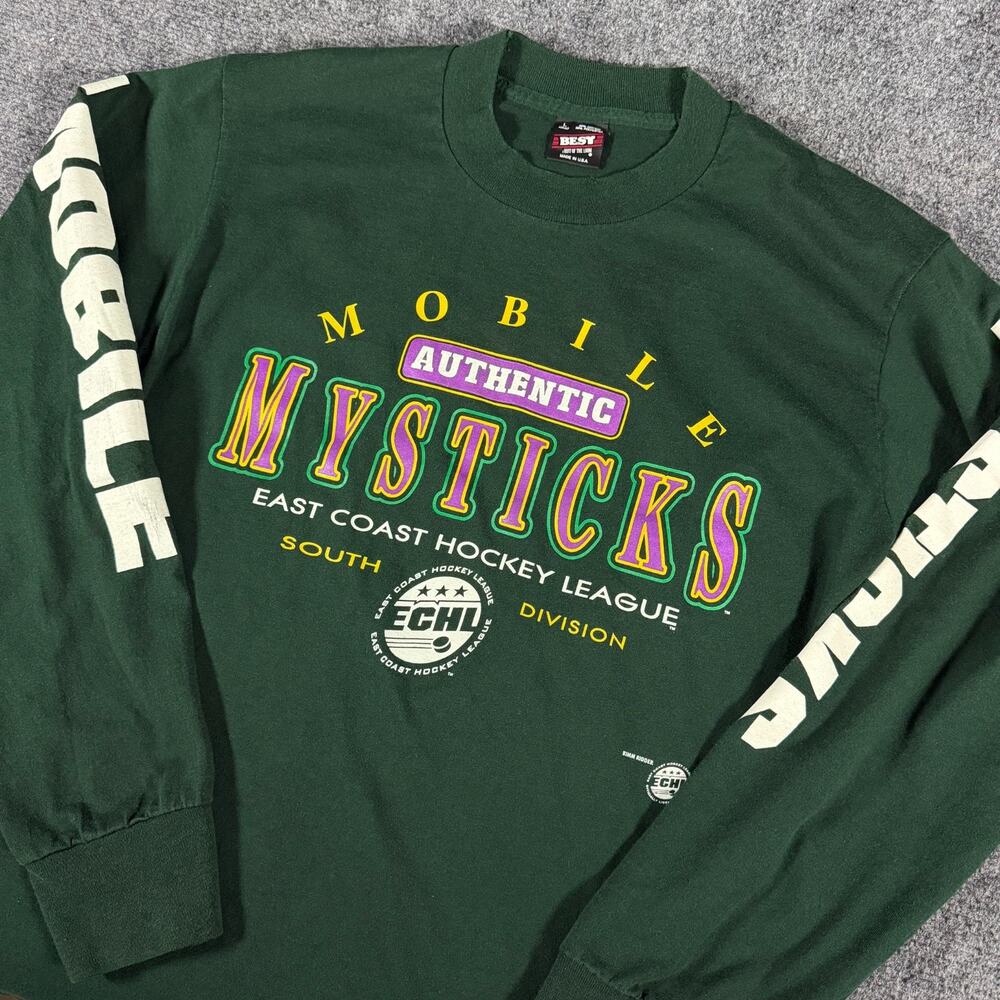 Vintage 90s Mobile Mysticks ECHL Hockey LS T-Shirt L Single Stitch Made In USA